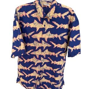 Vintage Rum Reggae short-sleeve button-down Hawaiian shirt shark‎ batik print XL